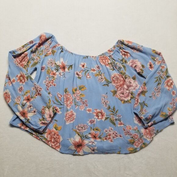 Billabong Large Crop Top Blouse Balloon Sleeve Blue Floral Crepe Flowy Beach - Picture 1 of 10